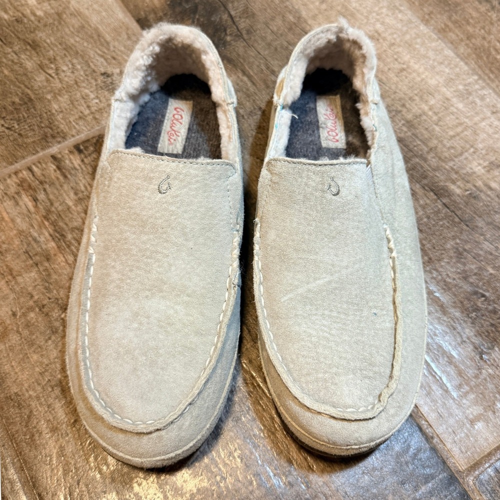 Olukai Women's Nohea Nubuck Leather Soft Shearling Slippers, Pale Gray, 9 - Picture 3 of 9